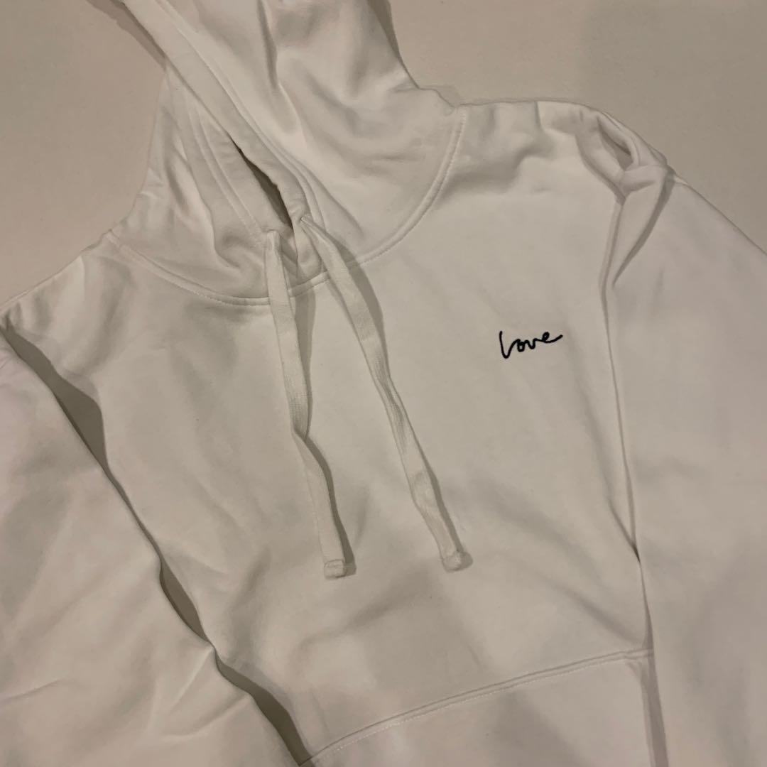H M White Love Hoodie Women s Fashion Tops Longsleeves on Carousell