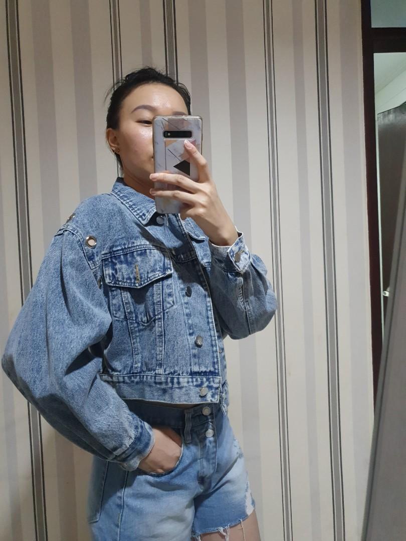 womens denim jacket with fleece sleeves