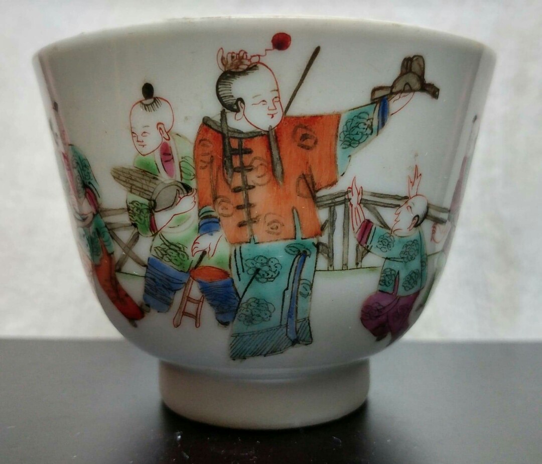 中古 「同治年製」款 粉彩 九桃二福文 馬蹄杯 一対 茶杯 煎茶碗 CL0057 ___1622045180_77121234.jpg