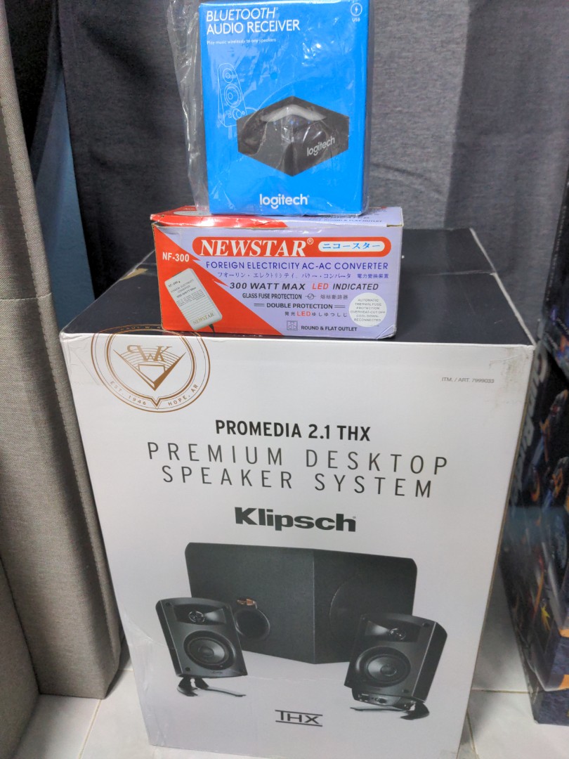 Bnib Klipsch Promedia 2 1 Thx Certified Premium Desktop Audio Speaker System Voltage Converter Logitech Bluetooth Audio Receiver Audio Soundbars Speakers Amplifiers On Carousell