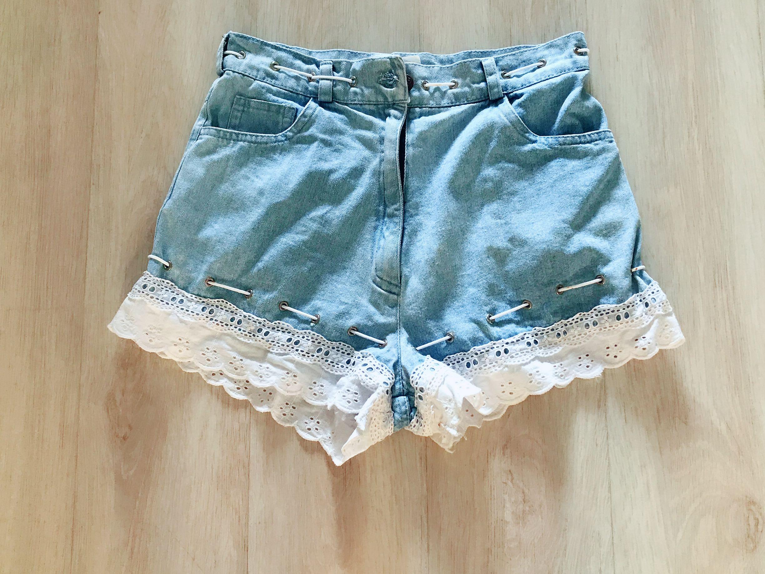High waisted jean clearance shorts with lace trim
