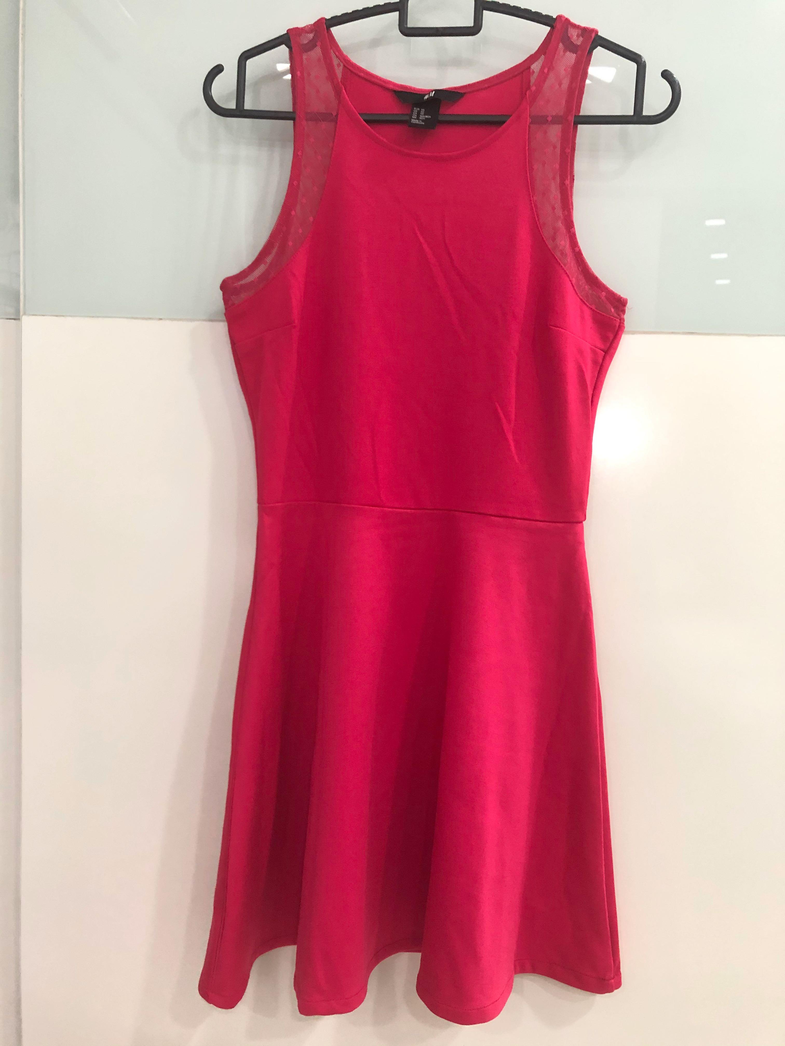 H M Red Skater Dress with Lace Mesh Sleeveless Office Casual XS Extra Small Women s Fashion Tops Sleeveless on Carousell