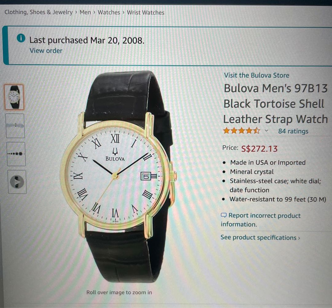 34mm case 6.5mm thick Bulova 97B13 Gold tone Dress Watch