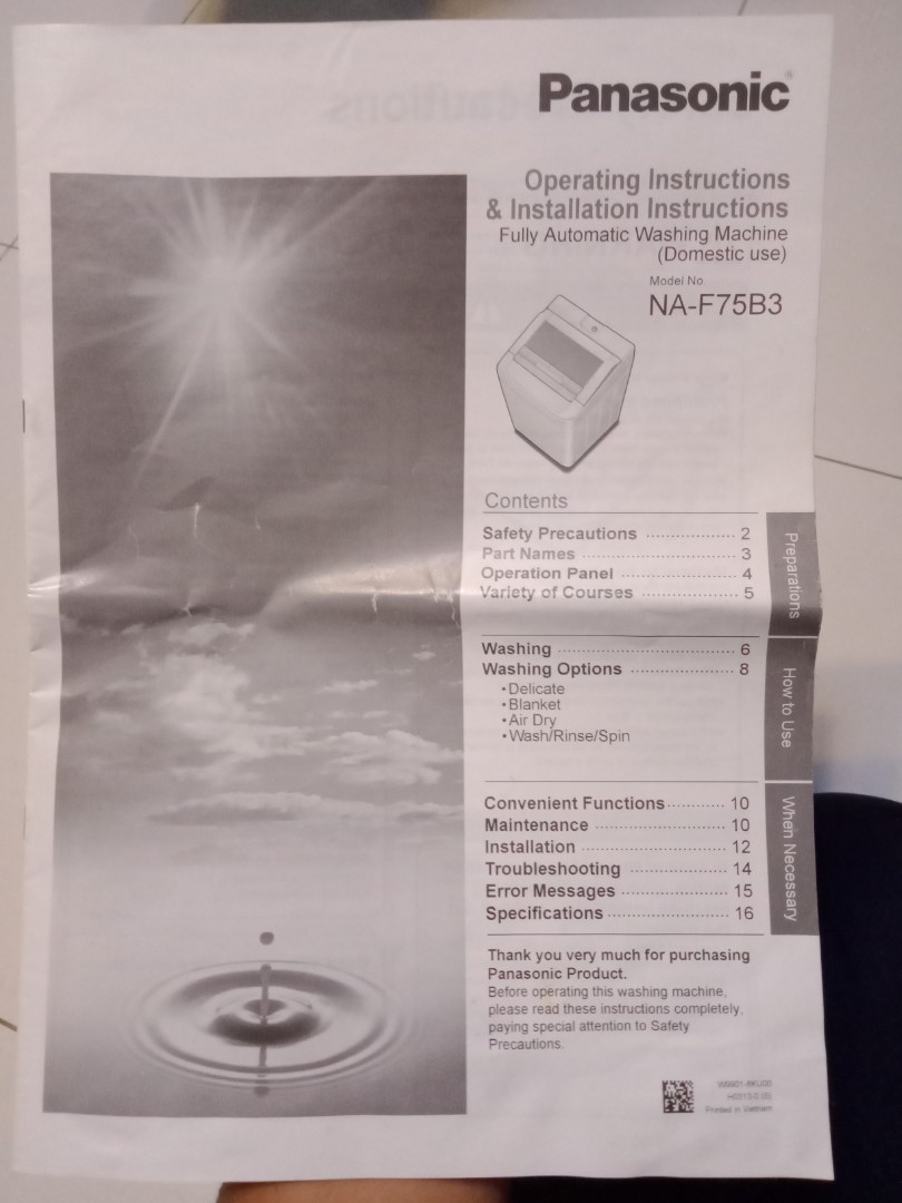 Panasonic Washing Machine manual. Model no. NAF75B3, TV & Home Appliances, Washing Machines and