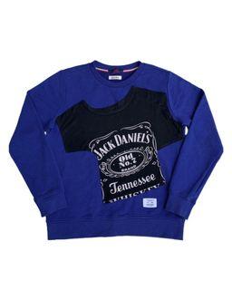 Reworked Blue HUM  Crewneck Patched with Vintage Black Tee Strip