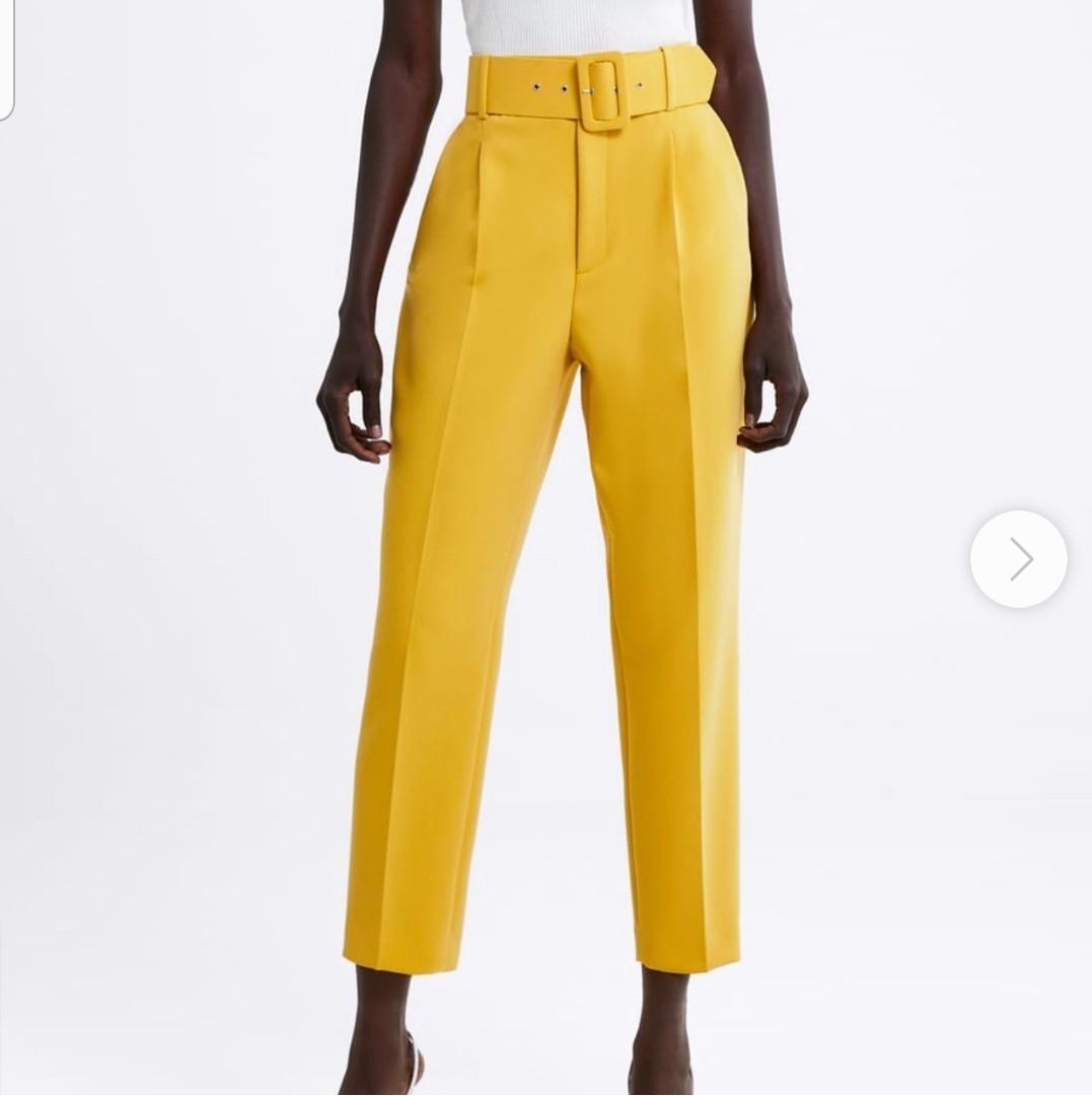 Zara yellow darted trousers highwaist with belt celana panjang wanita