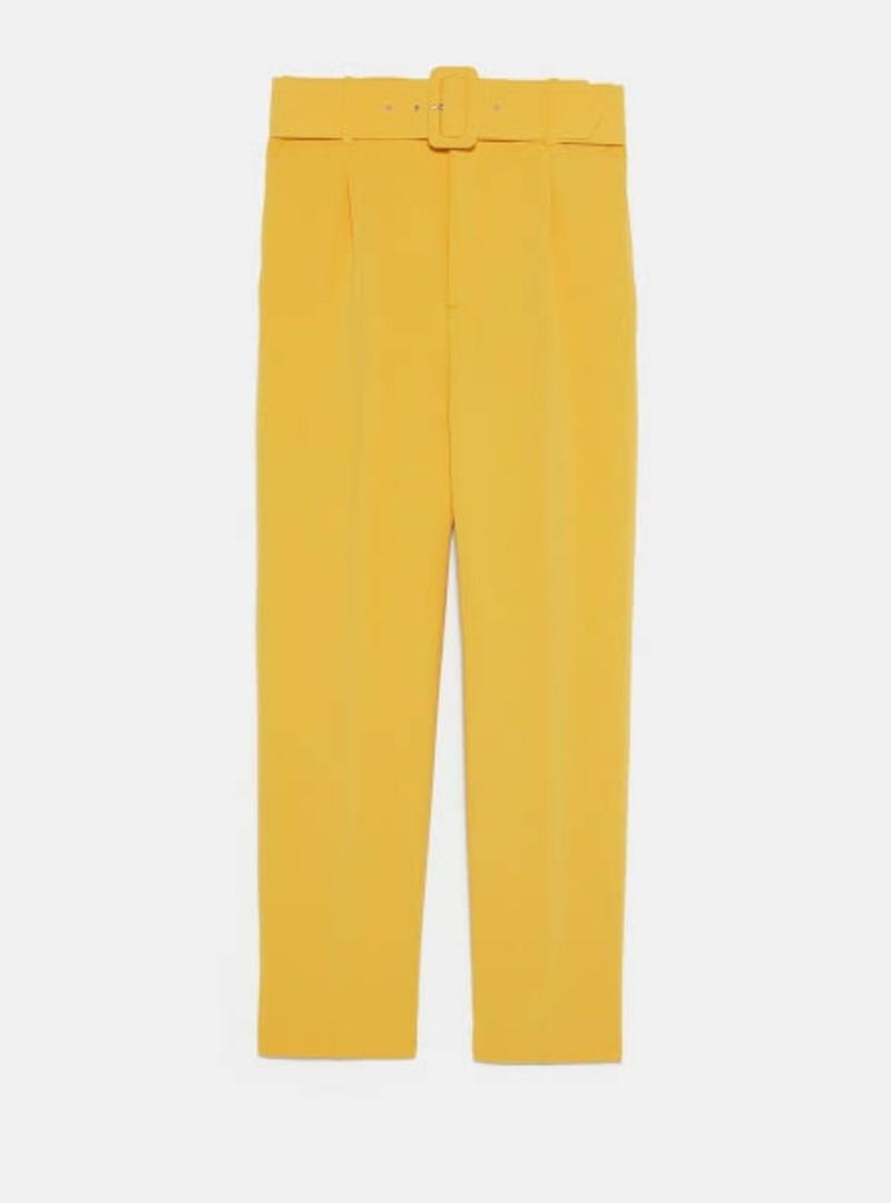 Zara yellow darted trousers highwaist with belt celana panjang wanita