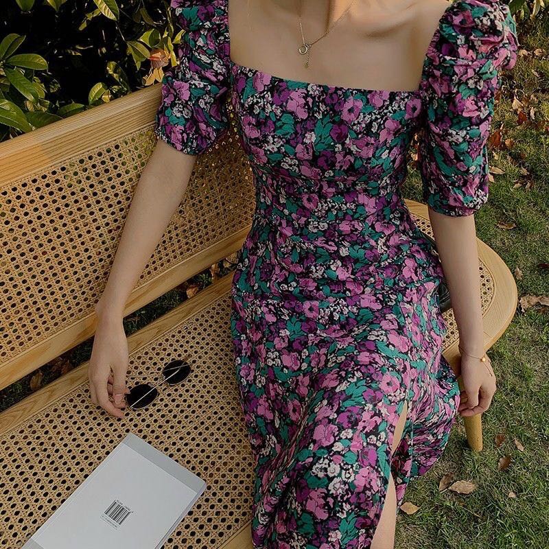 Floral puff sleeve maxi dress, Women's 