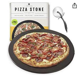 New Unique Heritage 15” Pizza Stone Double Sided NON STICK easy clean Pizza & Bread Baking Stone For Gas Grill, Oven Baking - Black Ceramic Pan, Stainless, No-Smoke - Wheel Pizza Cutter - Housewarming Gifts