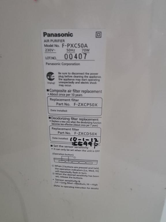Panasonic F-PXC50A Air purifier, TV & Home Appliances, Air Purifiers ...