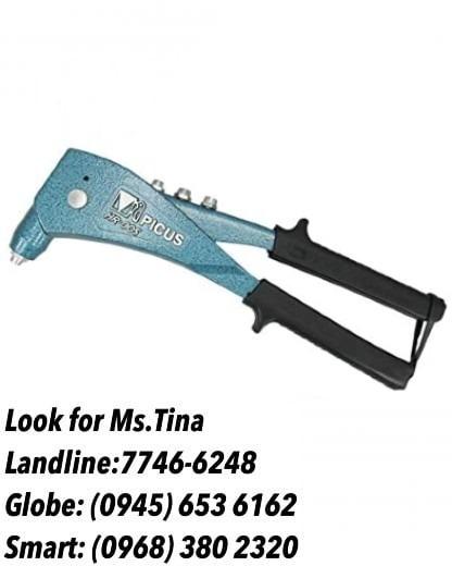 Picus hand riveter (Category: Construction Tools & Equipment) located in Manila. Submitted by tina.sales (Listing ID 1090272485, Image 1). Description: Picus hand riveter Model;for rivet 3/32",1/8",5/32",3/16" Price;777 BOSI TOOLS Product For other product inquiries pls contact us. Globe: 0 9 4 5 6 5 3 6 1 6 2 Smart: 0 9 6 8 3 8 0 2 3 2 0 Landline: 8 5 5 7 6 6 1.
