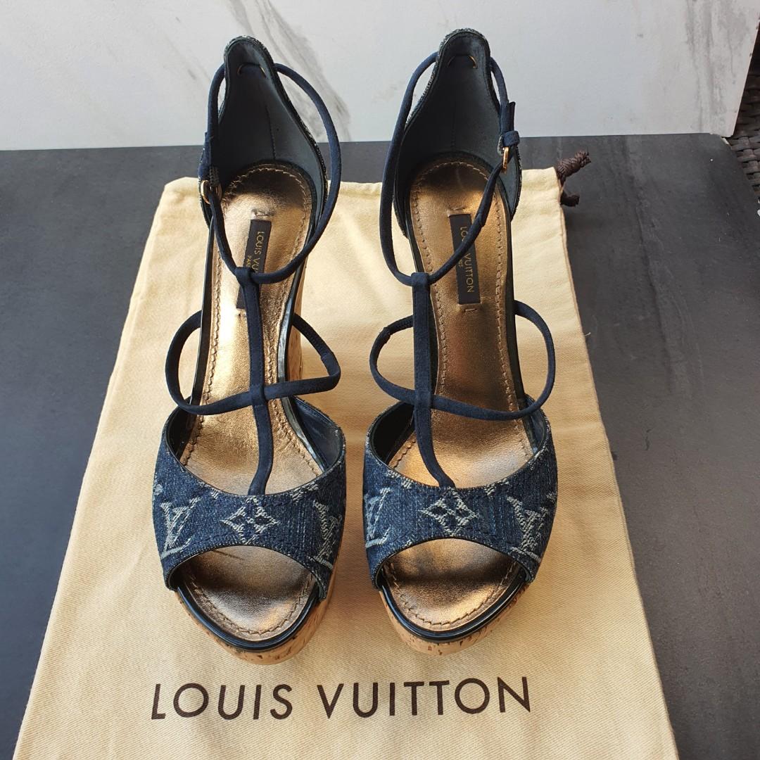 Authentic Louis Vuitton Cork Wedge Sandals Wine Patent Leather
