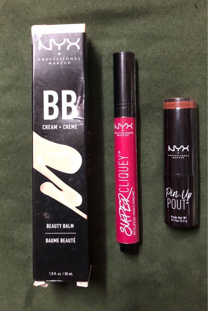 Bundle NYX BB Cream & Lipstick (Category: Makeup) located in Pasay City. Submitted by khriztyne (Listing ID 1090508938, Image 1). Description: NYX - Professional Make Up BB Cream / Natural 30ml - Smoothes Moisturizes Primes & Preps Mineral Infused Oil free - Developed to hydrate , smooth, and help color correct the skin tonef NYX - Pin-Up Pout / Individualistic - Medium Brown with Blue Shimmer NYX - Super Cliquey Matte Lipstick / Serpent 1.5g - A