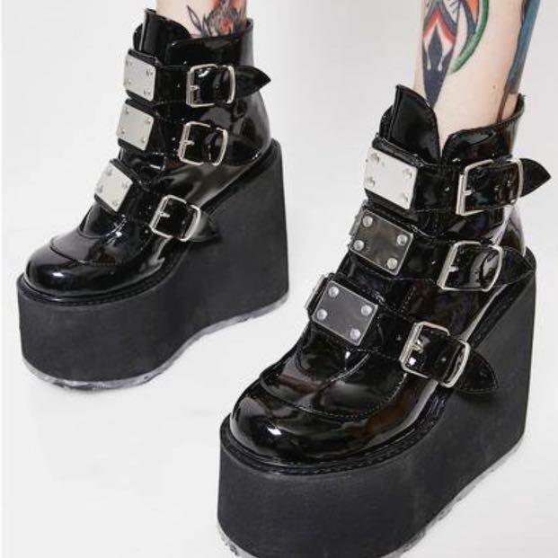 demonia low trinity boots heels buckle wedges platform punk