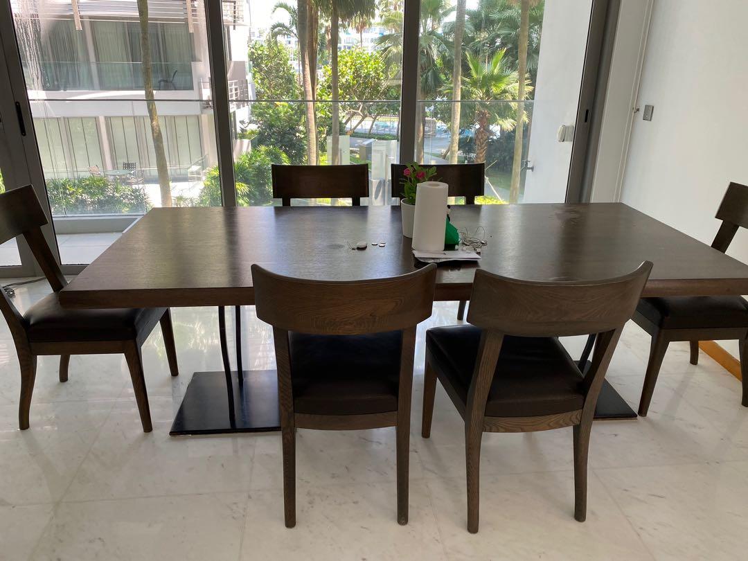Dining Table Set (Category: Tables & Sets) located in Singapore. Submitted by bubbasing (Listing ID 1090515028, Image 1). Description: Beautiful French designer Liaigre solid oak wood dining table with 6 chairs. Approx 2.2m x 1m. Original price $10k. Slight scratches. Now selling at $500 neg. Cash n Carry. Ubi Ave 1.