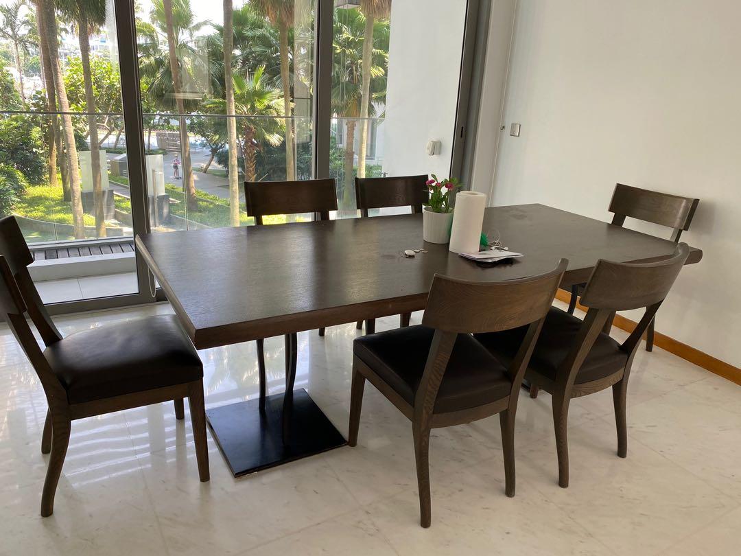 Dining Table Set (Category: Tables & Sets) located in Singapore. Submitted by bubbasing (Listing ID 1090515028, Image 2). Description: Beautiful French designer Liaigre solid oak wood dining table with 6 chairs. Approx 2.2m x 1m. Original price $10k. Slight scratches. Now selling at $500 neg. Cash n Carry. Ubi Ave 1.
