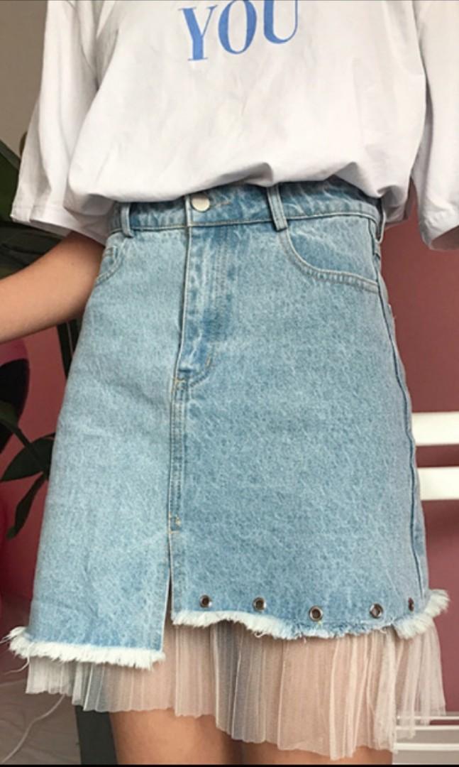 Light Blue Mesh Denim Skirt Women s Fashion Bottoms Skirts on