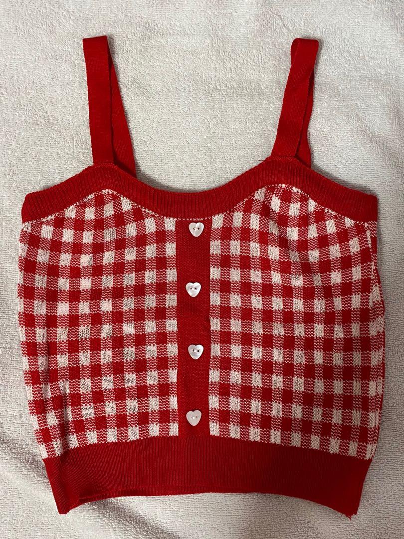 Red Checkered Crop Top, Women's Fashion, Tops, Sleeveless on Carousell
