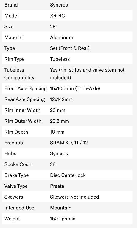Syncros XR RC 29er wheels 142x12 100x15 DT Swiss Sports