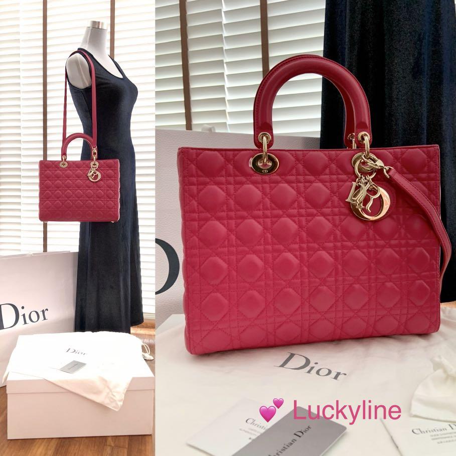 Christian Dior Fuchsia Quilted Cannage Lambskin Leather Large Lady Dior Bag  - Full set LIKE NEW, Luxury, Bags & Wallets on Carousell