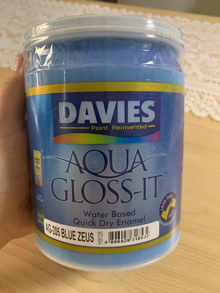Davies Aqua Gloss-It paint - Blue Zeus (Category: Construction & Building Materials) located in Mandaluyong City. Submitted by beautybuysmnl (Listing ID 1090657399, Image 3). Description: Davies Aqua Gloss-It water-based paint in Blue Zeus. 1 liter. Great for painting wood, concrete and metal. New and absolutely unused; still sealed. 2 cans available. Retails for P256. 100% Acrylic Quick Drying Enamel (Water-Based) DAVIES ®AQUA GLOSS-IT™ is a hig