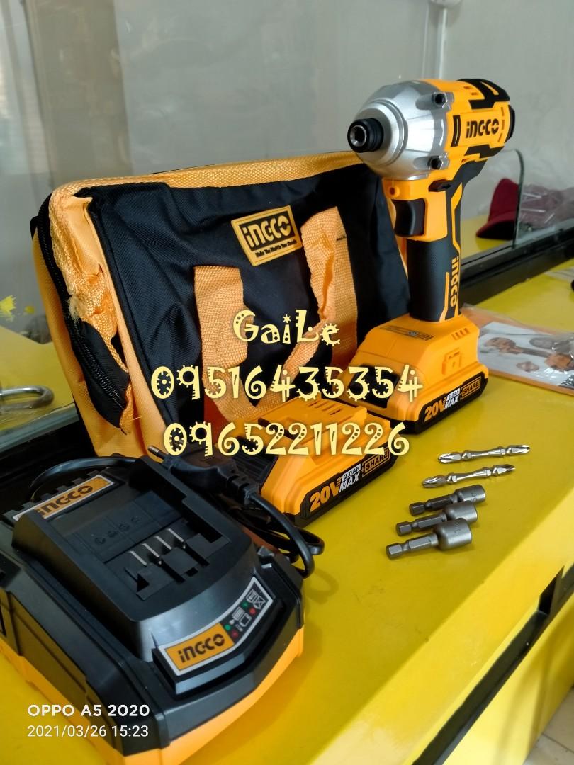 INGCO 20V Cordless Impact Driver (CIRLI2002) (Category: Construction Tools & Equipment) located in Caloocan City. Submitted by abieghail (Listing ID 1090699327, Image 3). Description: INGCO 20v Cordless Brushless Impact Driver (CIRLI2002) PRICE : P7,250 Brushless Motor Drill Voltage: 20V Hex Shank: 1/4" No-load speed: 0-2400/min Impact rate: 0-3550bpm Max. torque: 200NM 20V Lithium-Ion 2.0Ah batteries With 2pcs battery pack Including 1pc 1Hr char