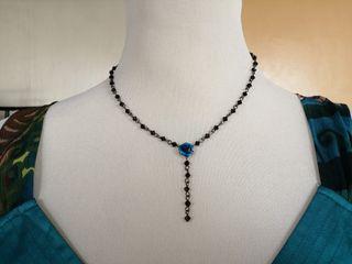 KBLK100NL 11 Black Tone Necklace Diamond Shaped Beads with Blue Rose Center, Vintage Fashion Accessory