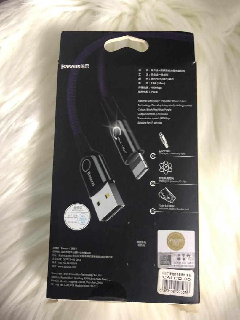Lightning cable - Baseus (Category: Chargers & Cables) located in Singapore. Submitted by jjh03 (Listing ID 1090761305, Image 2). Description: Brand new and sealed (cable in purple colour) Description:- C shaped Light Intelligent Power-off -Intelligent power off chip -C-shaper breathing light -2.4A rapid Charge Normal mailing :$0.9 Able to delivery in Bukit Batok Area Only can meet up at west side mrt Station Kindly pm me if you are interested 😊