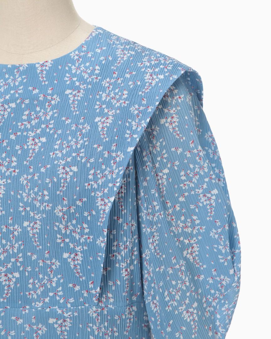 Mame Kurogouchi flower hand-printed tucked dress -blue