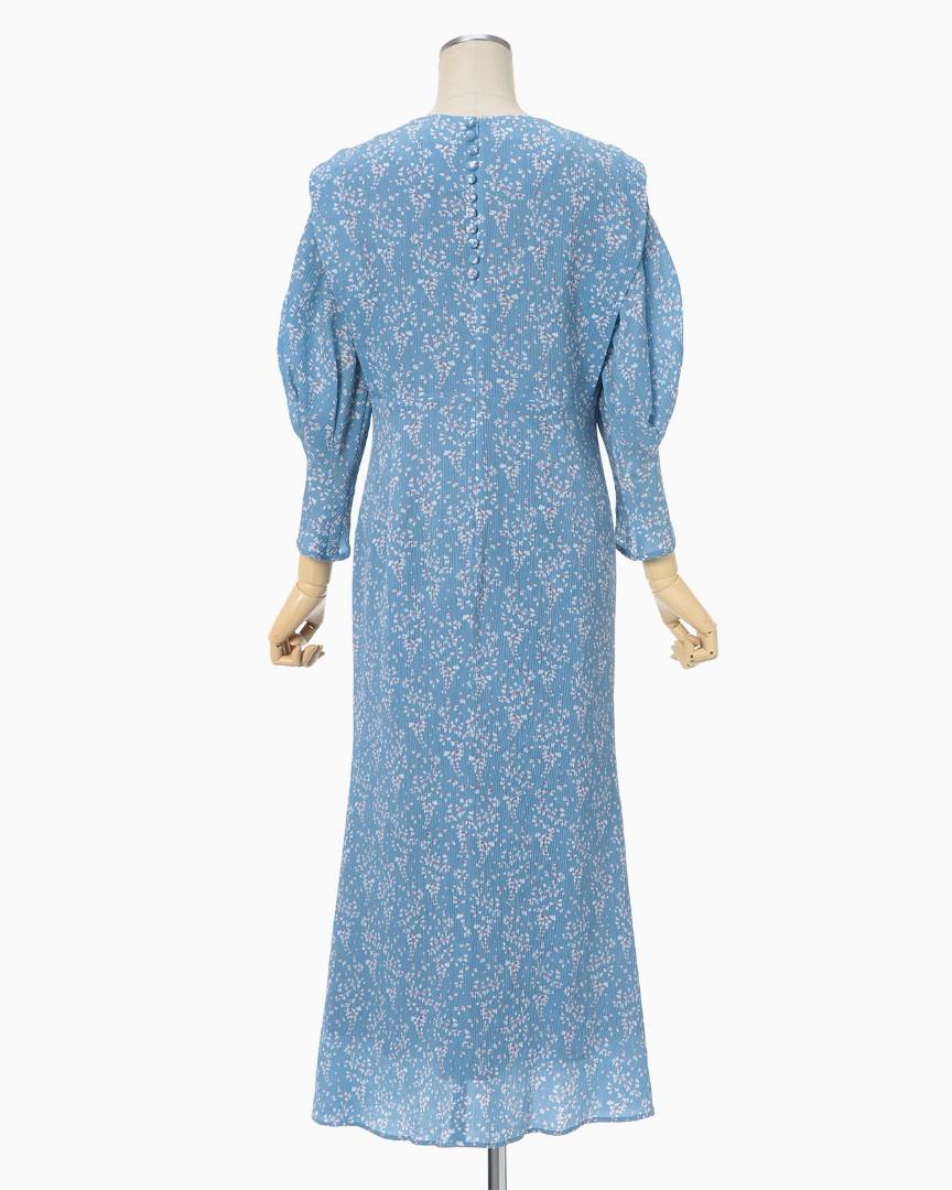 Mame Kurogouchi flower hand-printed tucked dress -blue