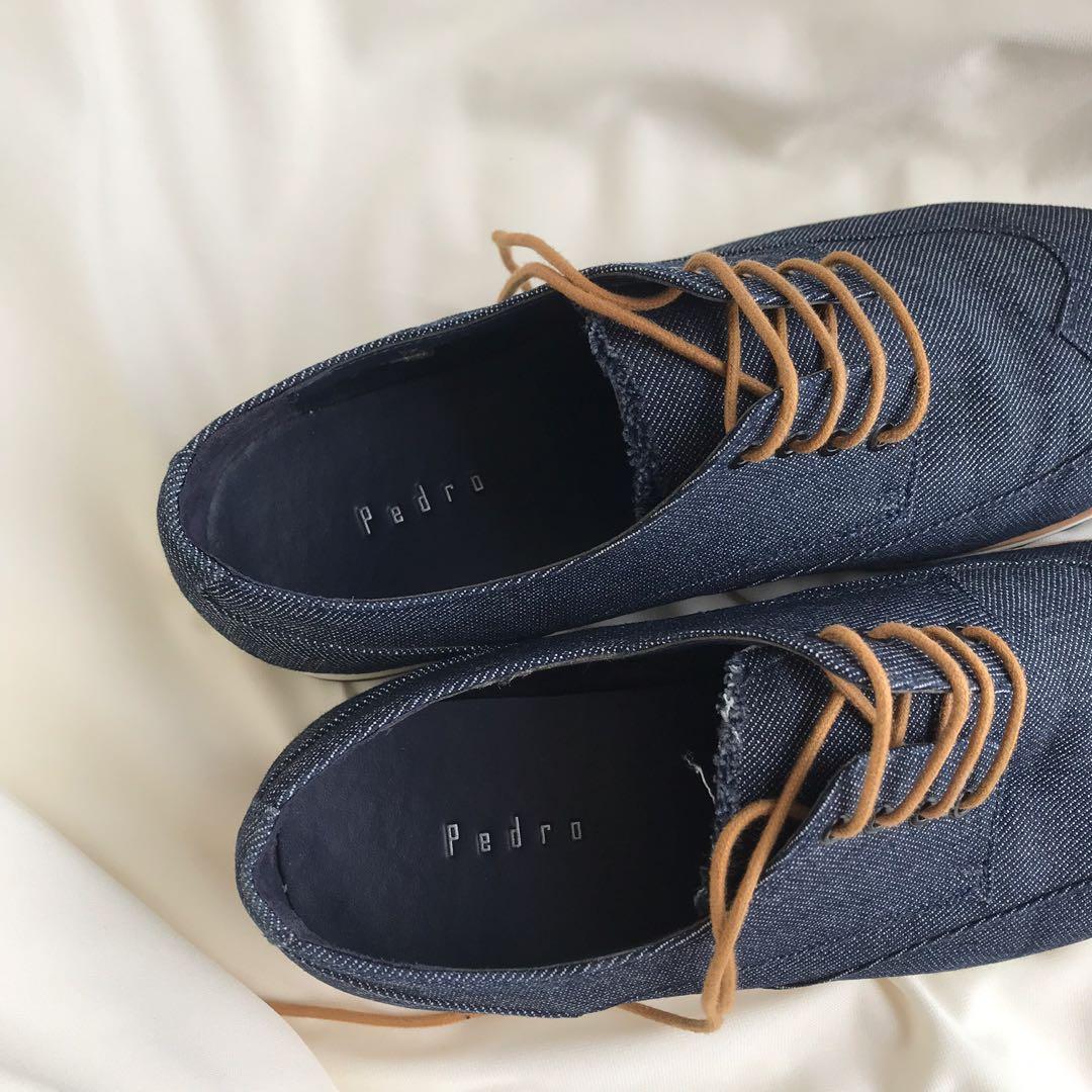 PEDRO MEN FORMAL CASUAL SHOES SEPATU PRIA BLUE JEANS DENIM TALI COKLAT SIMPLE