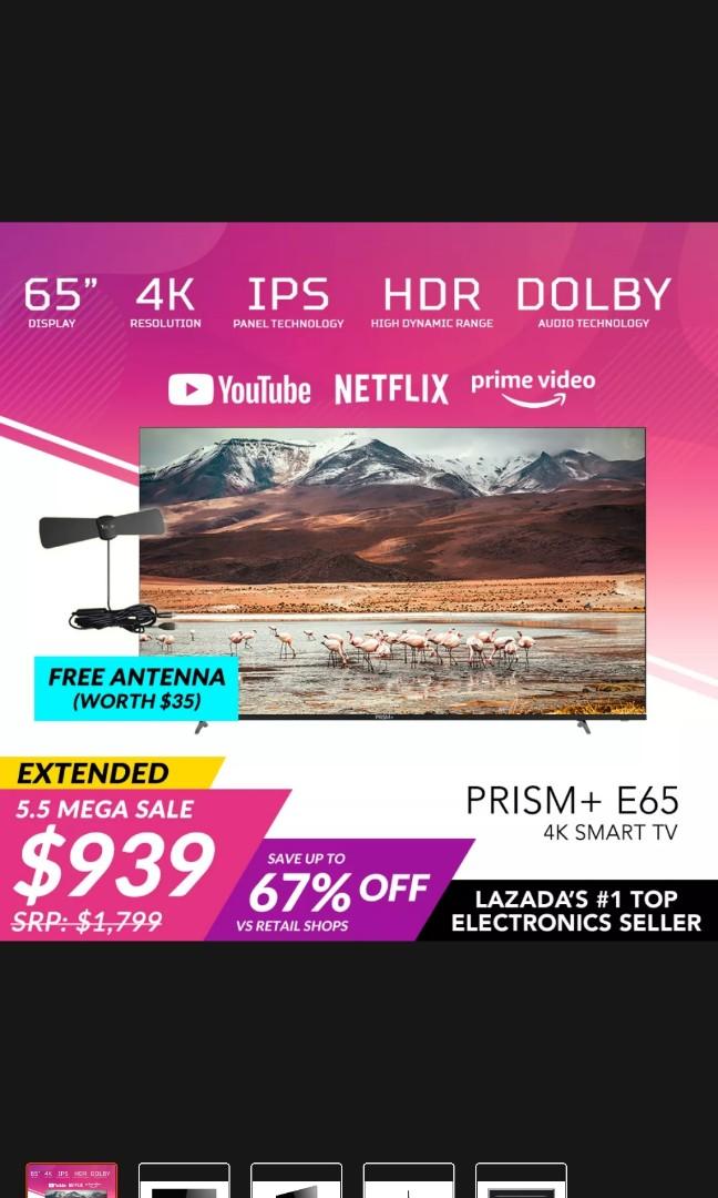 Prism+ E65 (Category: TV) located in Singapore. Submitted by coconutorange (Listing ID 1090795463, Image 1). Description: Bought awhile back only, back in September 2020. see photo for proof, bought on Prism+ official store Lazada. letting go as super under utilize. no time to watch tv lol..