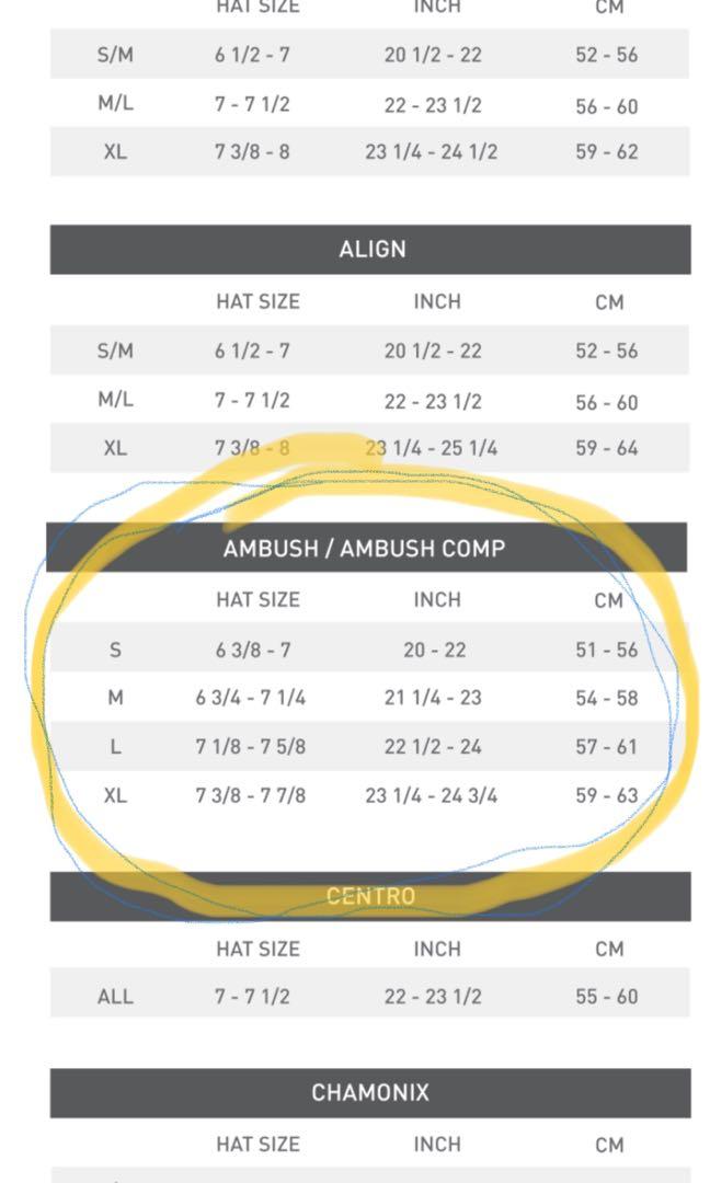 Specialized ambush size clearance chart
