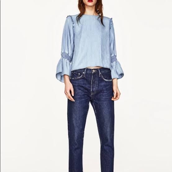 Zara Denim Top, Fesyen Wanita, Pakaian 