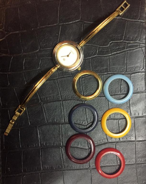 Authentic GUCCI watch (preloved) (Category: Luxury Accessories) located in Santa Rosa. Submitted by pinetwork (Listing ID 1085425394, Image 2). Description: Gucci vessel bangle watch In execellent condition Complete vessels w/box Gold hardwares/no flaws like new Guaranteed authentic From japan auction 09057162419.