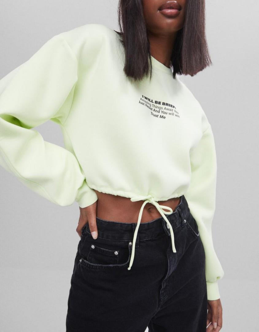 Bershka Cropped Sweatshirt Lime Neon Green