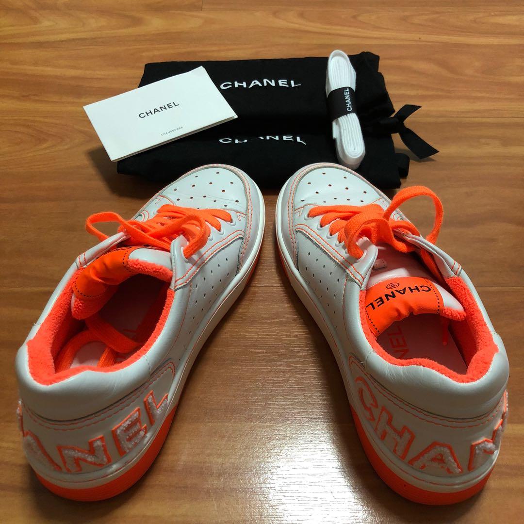 Chanel Denim Suede Calfskin Neon Orange CC Logo Trainers Sneakers 365   eBay