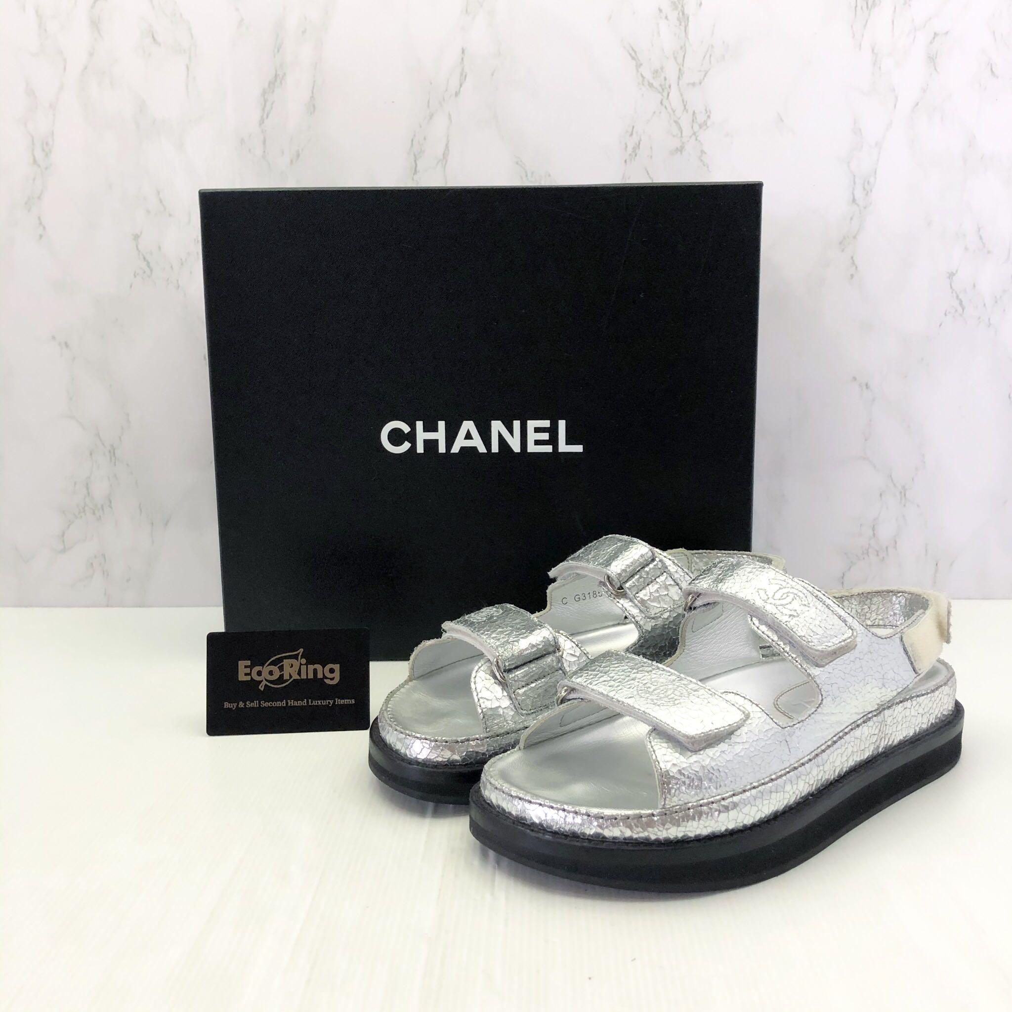 CHANEL SILVER CRACKLED SANDALS 217008703 :, Women's Fashion, Footwear,  Flats on Carousell