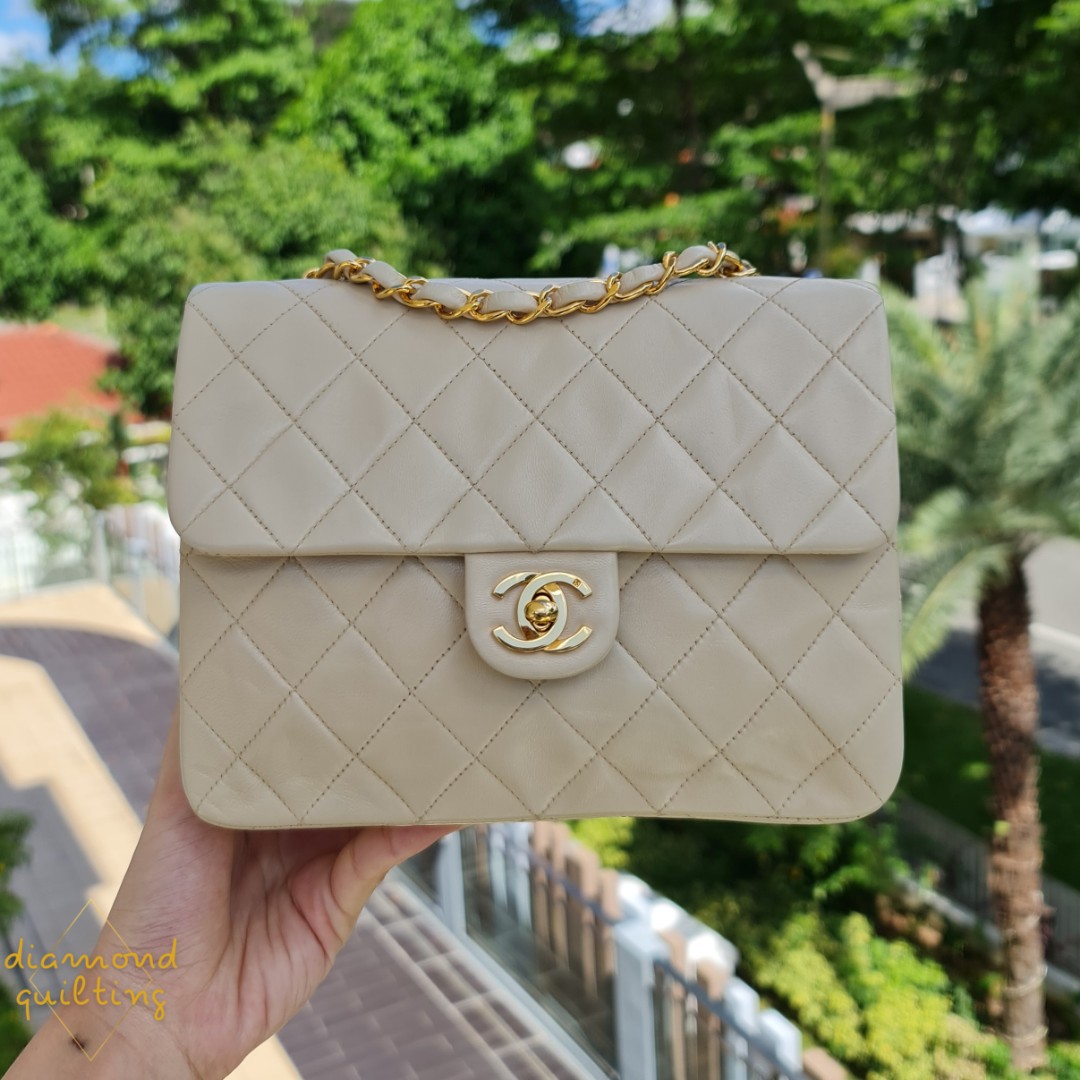 Chanel Vintage Square Classic Single Flap Bag Quilted Lambskin Mini Beige