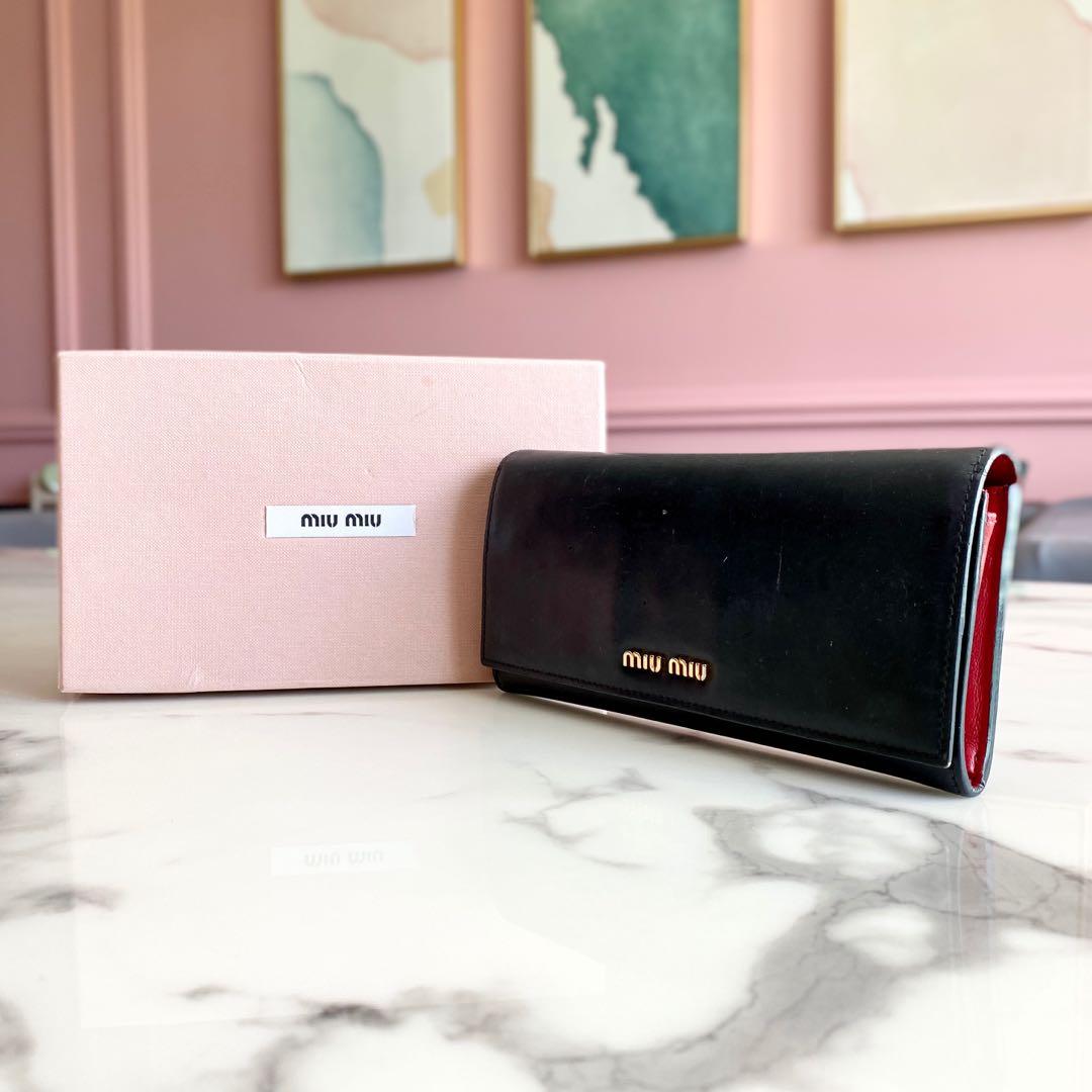 MIU MIU Patent Leather Long Wallet (Black/Red) With Box, Women