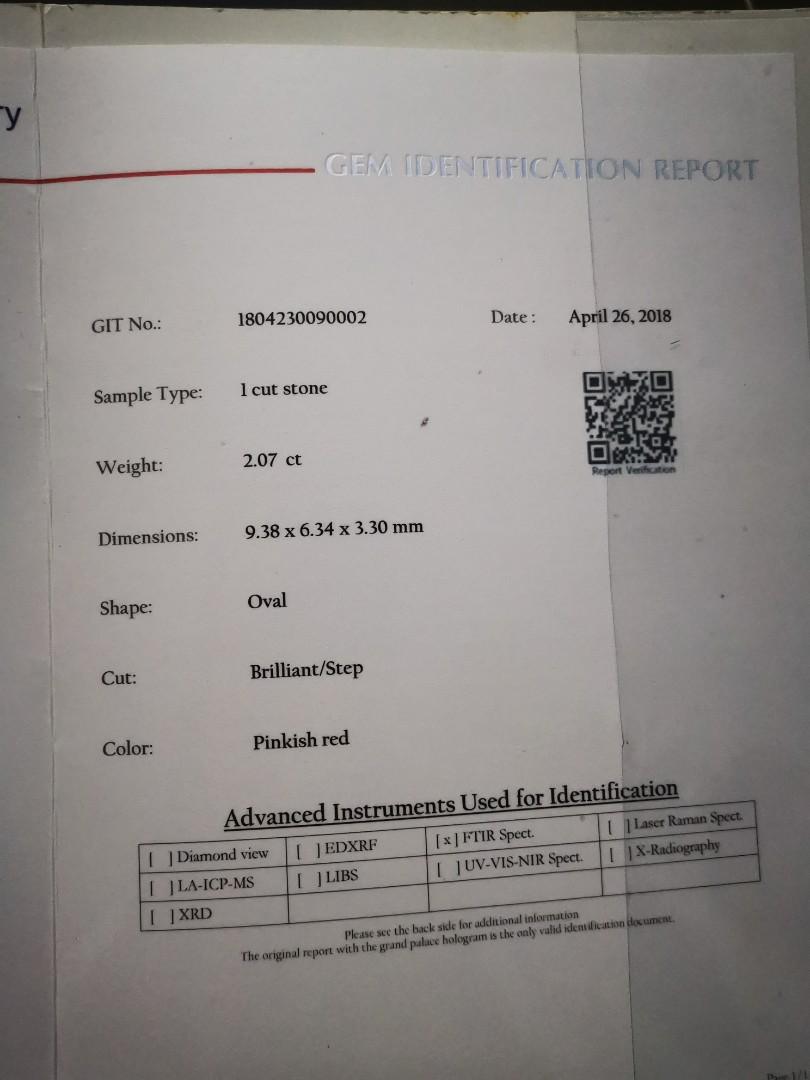Natural Ruby gemstone (Category: Accessories) located in Petaling Jaya. Submitted by quillcoll (Listing ID 1085470362, Image 2). Description: Natural Ruby gemstone with certificate.