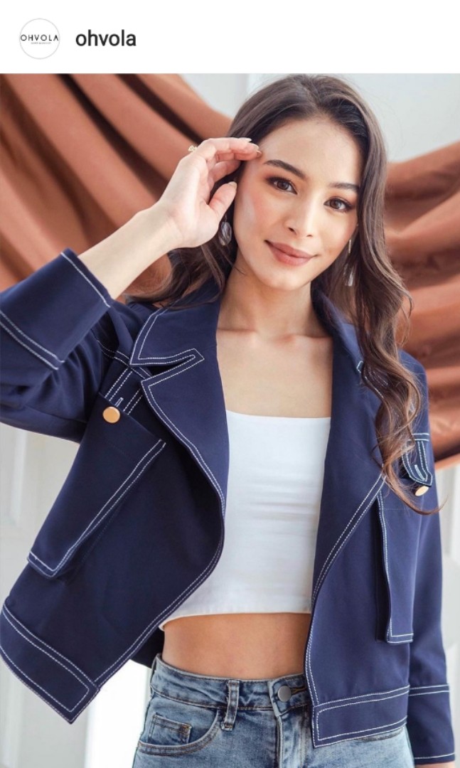 Ohvola Elliot Contrast Stitch Cropped Jacket (Navy), Women's Fashion,  Coats, Jackets and Outerwear on Carousell