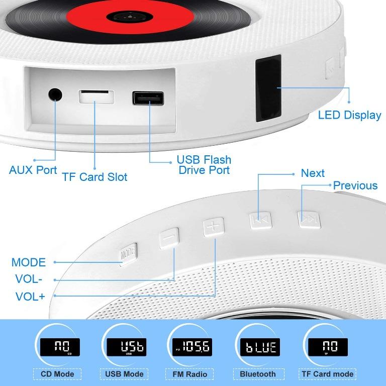 TENSWALL Portable CD Player, Wall Mountable Bluetooth Builtin HiFi