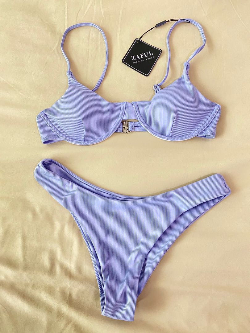 ZAFUL Ribbed Underwire Bikini Swimsuit Lavender Women s Fashion
