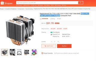 CPU Cooler with 2 Fans RGB 4-Pin and  6 Heat pipes