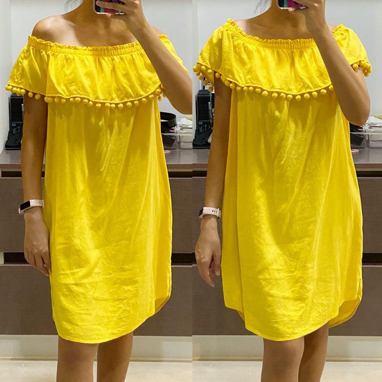F F Yellow Linen Off Shoulder Dress Size UK 8 Fits Small Women s Fashion Dresses Sets Dresses on Carousell