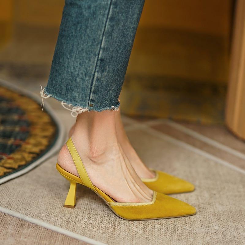 French retro scrub pointed professional sandals sexy summer ginger yellow buns hollow and high heels for women