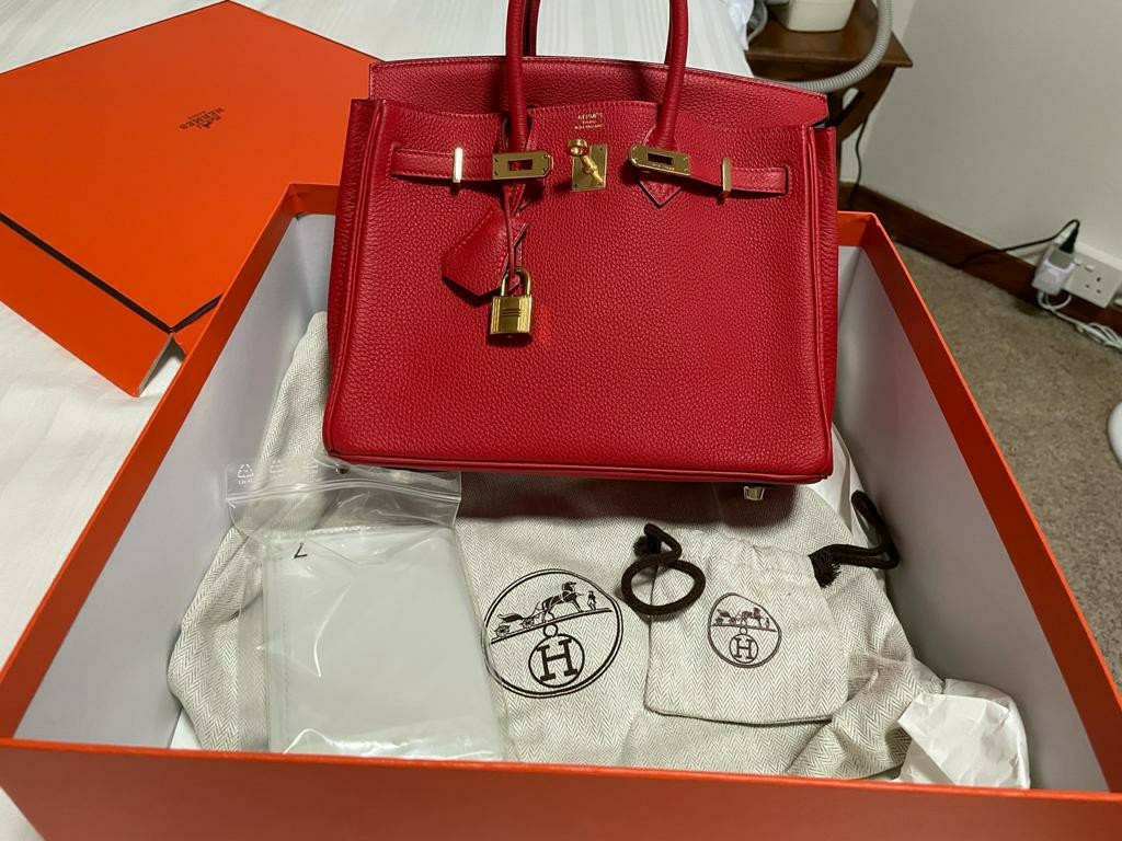 Hermes Rouge Pivoine Craie Clemence Leather Palladium Finished