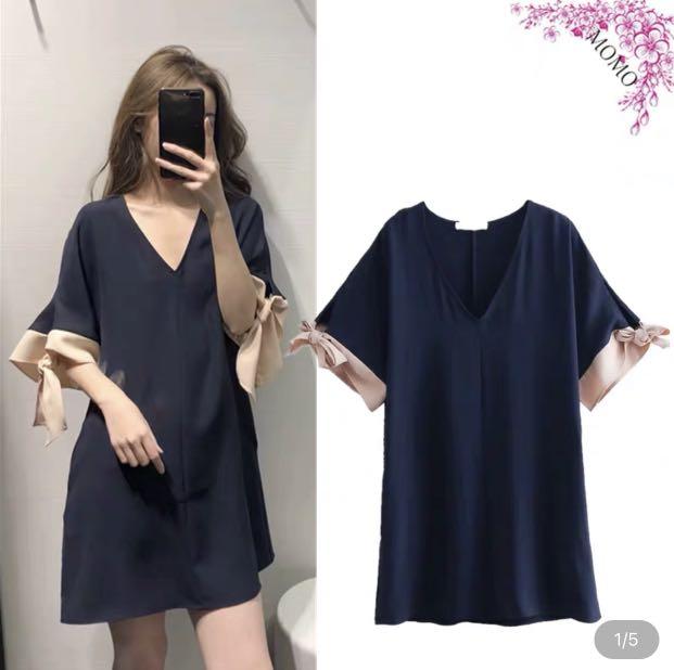 Korean style blue slip dress with ribbon sleeves Women s Fashion Tops Sleeveless on Carousell
