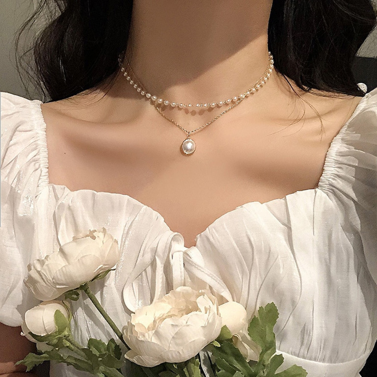 PO New Fashion Kpop Pearl Choker Necklace Cute Double Layer